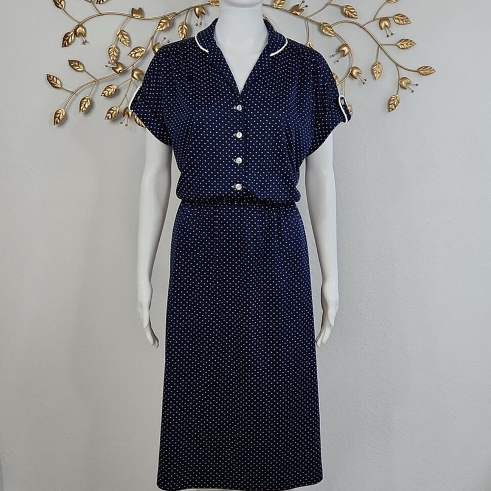 Authentic 1940s Vintage Style Retro Navy Polka Dot Midi Dress Don’t Speak Dress